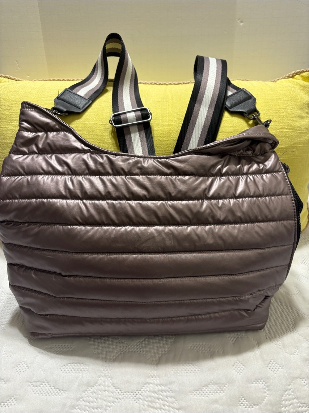 THINK ROYLN Quilted Puffer Backpack in Taupe with Striped Strap